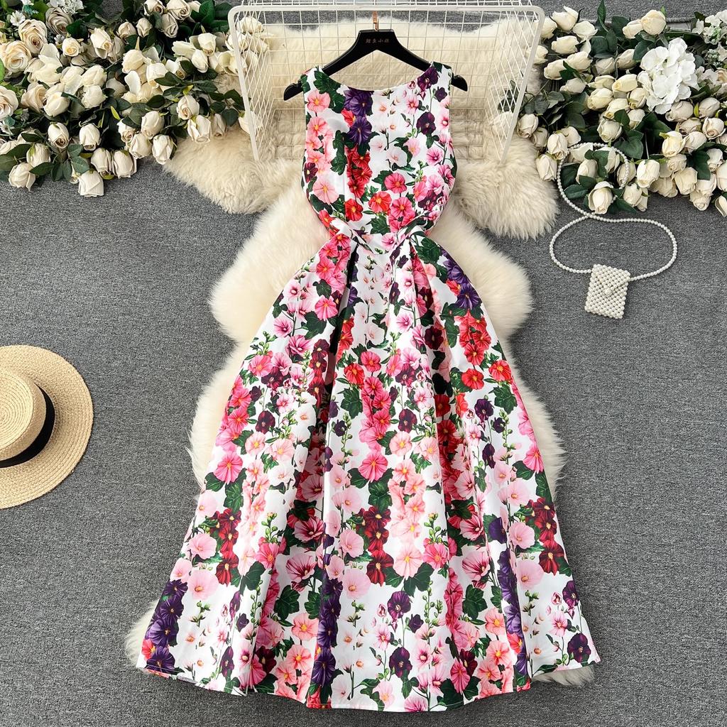 Summer Fashion Flower Vest Midi Dress Women's Sleeveless O-Neck Tank Floral Print Slim A Line Ball GownWomen Dresses