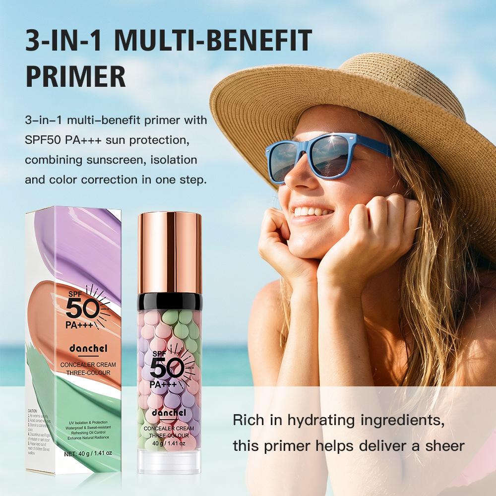danchel 3-in-1 Moisturizing Oil-Control Sunscreen Primer, Lightweight Natural Base Makeup, Daily Protection SPF50 PA+++, 30ml