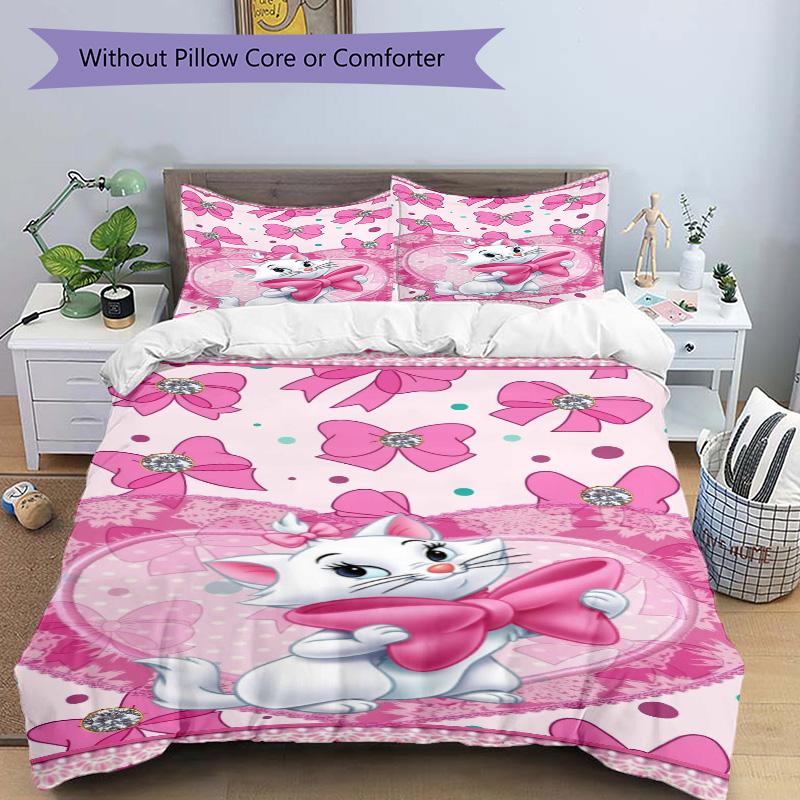 Pink Bow Heart Cat Print 3Pcs Bedding Setduvet Cover With 2 Bedropillowcase Home Birthday Gift