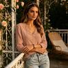 Daily Wear Blouse Women V-Neck Long Sleeves Shirt, Solid Color Button Front Cotton Breathable Linen Blouse, Loose Fit Casual Top for Early Autumn