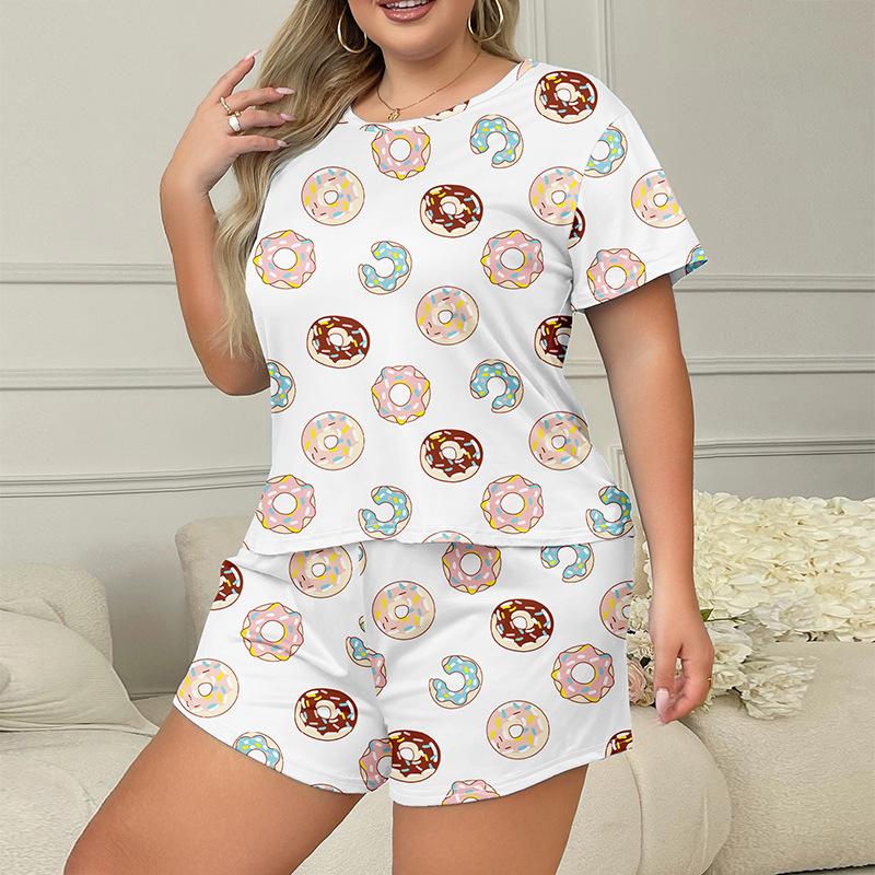 Летняя пижама больших размеров 3XL 4XL 5XL с короткими рукавами и шортами, повседневная, свободного покроя, белая, с принтом из мультфильмов, для женщин, комплект одежды для сна, домашняя одежда