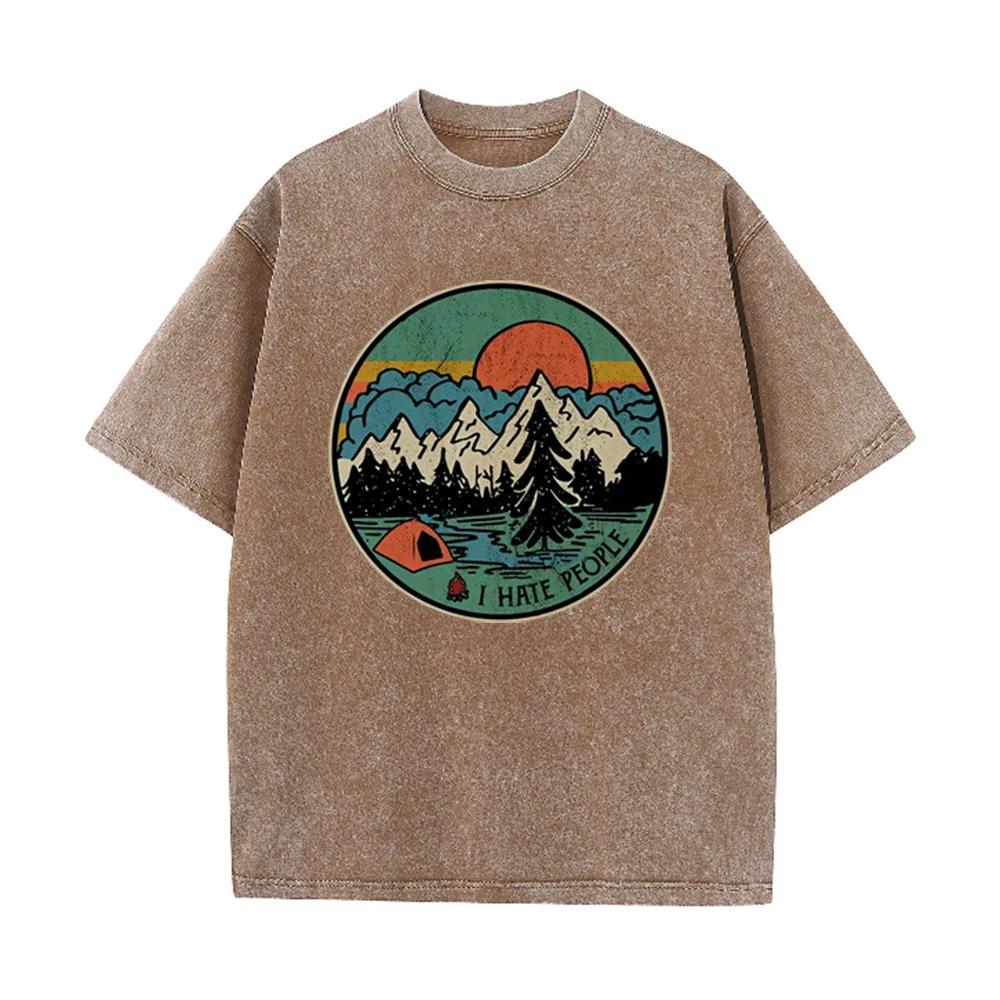 2026 Vintage Round Mountain Camping Tent Sunset Graphic Beige Washed T Shirt Retro Outdoor Forest Funny Slogan Oversized Unisex