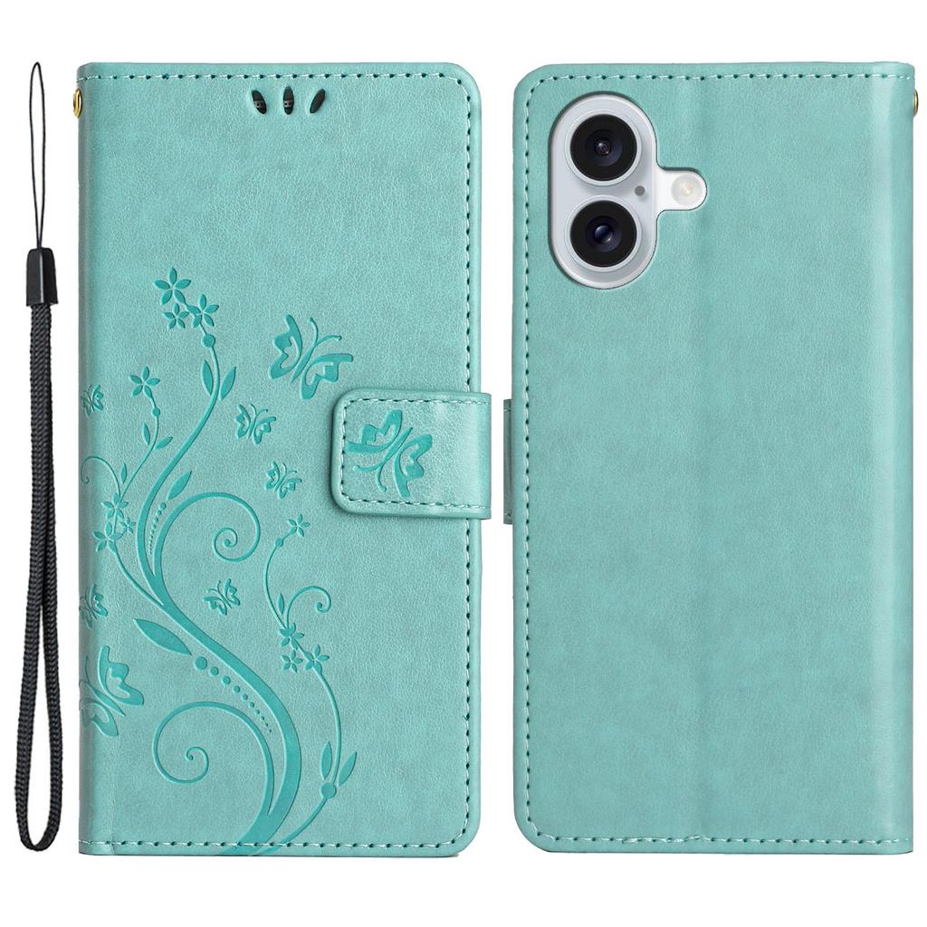 For iPhone 16 Plus Case Wallet PU Leather Butterfly Floral Phone Cover with Strap