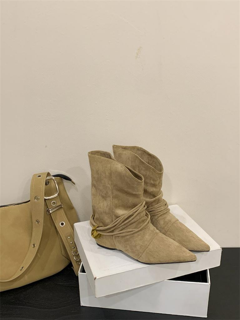 Внутренние увеличивающие рост остроносые коричневые облегающие ботильоны короткие ботинки женская обувь 2025 осень и зима ботфорты средней длины в стиле вестерн ковбойские ботинки