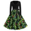 Women's Casual Fashion V Neck Long Sleeve Christmas Printed Vintage Long Dress