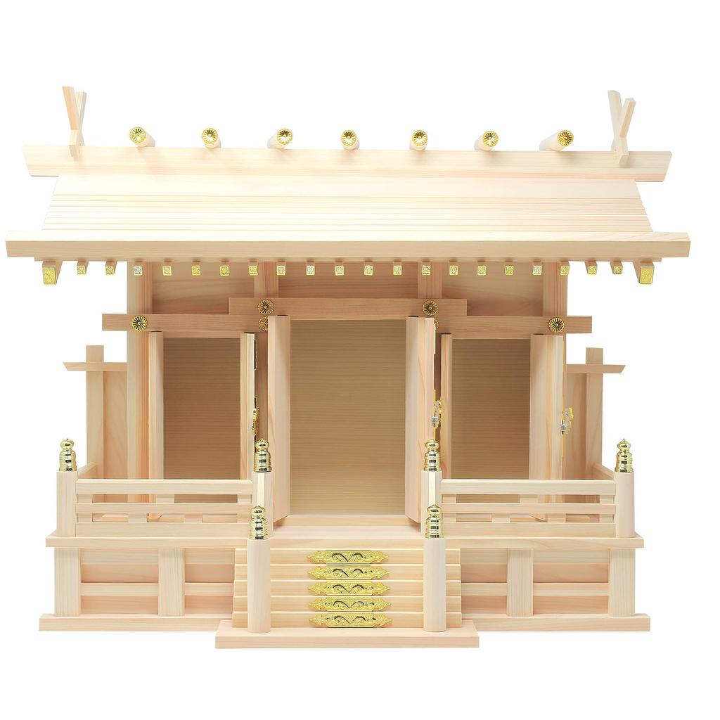 Буддийский алтарь Синто Мацуяма, трехъярусный, с наклейками в виде облаков, сделано в Японии, хиноки (Кипарис японский), Ширина 54 см, Высота 40 см, Глубина 21,5 см