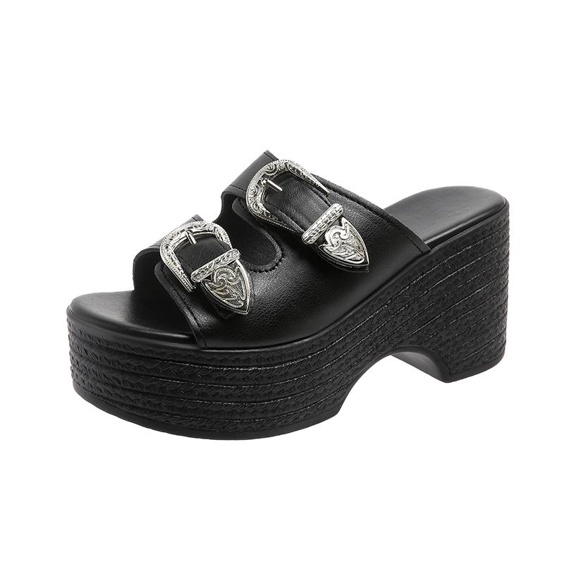 Fashion Sexy 9CM Thick Bottom Bow-shaped Women's Slippers Summer Platform Black Buckle Wedge Sandals Ladies Thick Casual Mules Sandalias