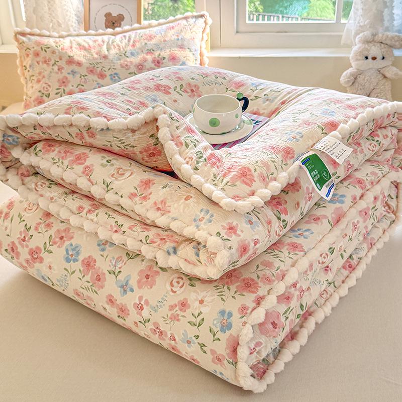 Утолщенное зимнее кружевное одеяло с помпонами – Теплый хлопок для односпального/двуспального общежития, Весна/Осень