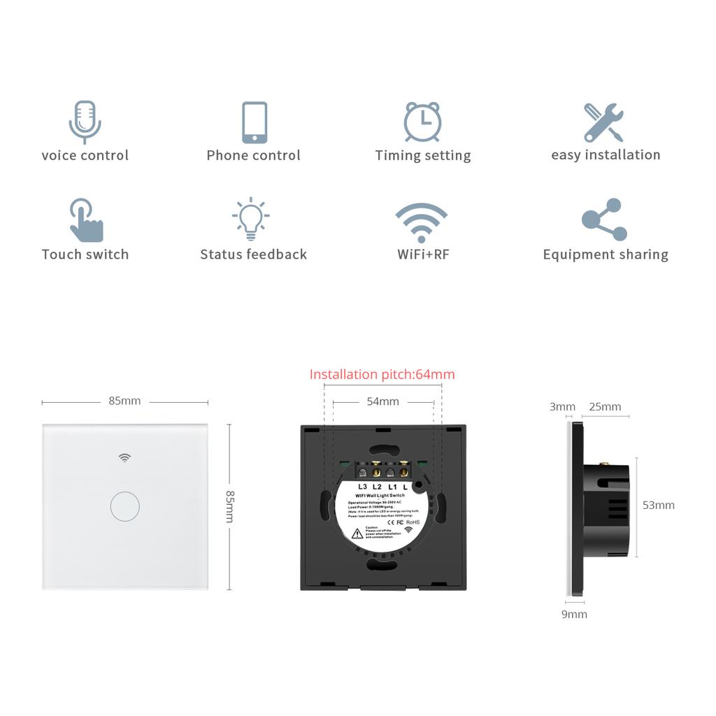 Smart Wifi Touch Switch No Neutral Wire Required Smart Home 1/2/3 Gang Light Switch 220V EU Standard Support Alexa Tuya App Remote Control