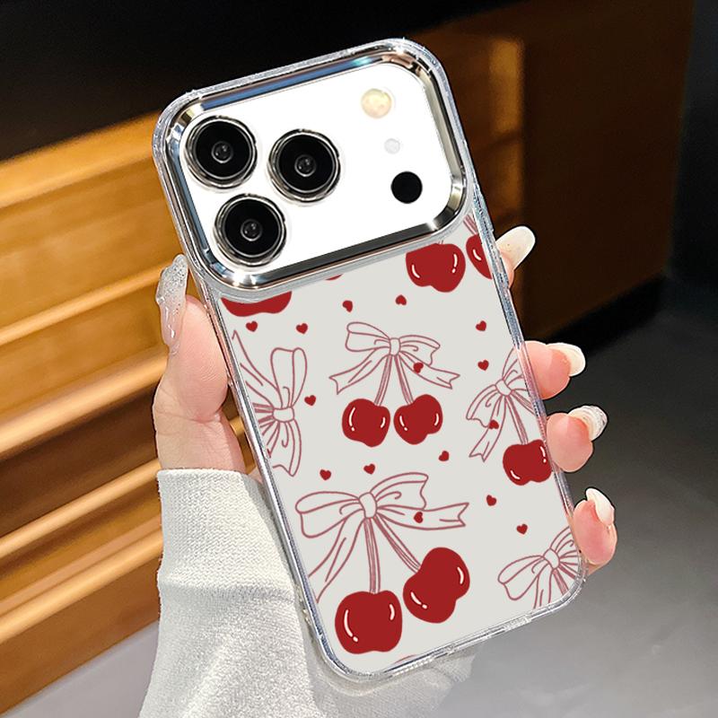 Чехол с бантами и вишневым узором для iPhone 17 Pro Max Позолоченная рамка для камеры Прозрачный мягкий чехол для iPhone 16 15 14 13 Pro Max 11 16E 17E