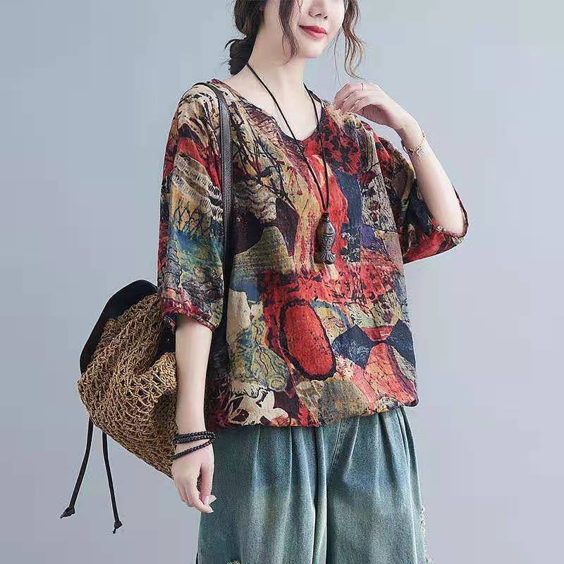 Женский летний модный свободный топ в литературном стиле с принтом и строчкой