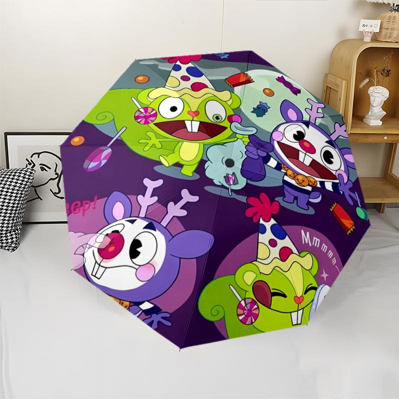 Автоматический зонт с принтом Happy Tree Friends3, 8 спиц, железный каркас, пластиковая ручка, подходит для путешествий на открытом воздухе и на каждый день, идеальный подарок