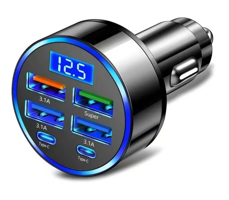 Автомобильное зарядное устройство 66 Вт с цифровым дисплеем, 4 USB-портами и быстрой зарядкой PD