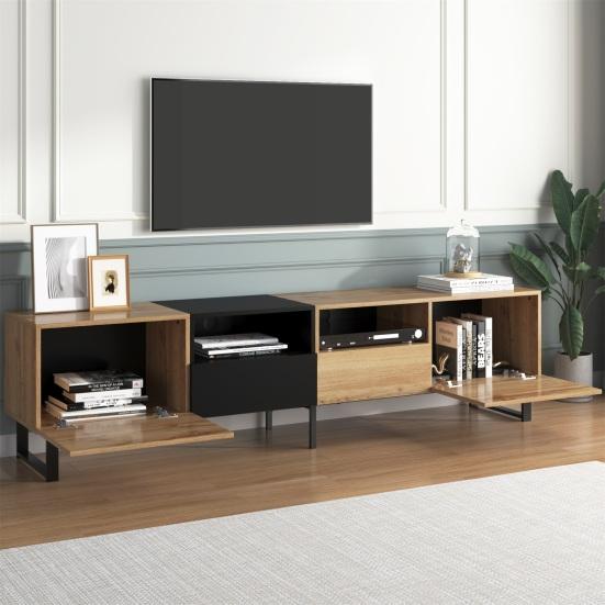 TV Media Cabinet with Open Shelves 2 Doors Metal Legs Space Stand Saving Strong Load-bearing Color Blocking Living Room Furniture Console