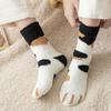 5 Pairs Women Socks Thick Coral Fleece Cartoon Cat Paw Shape Color Matching Mid Tube Elastic Anti-slip Warm Daily Home Wear Socks