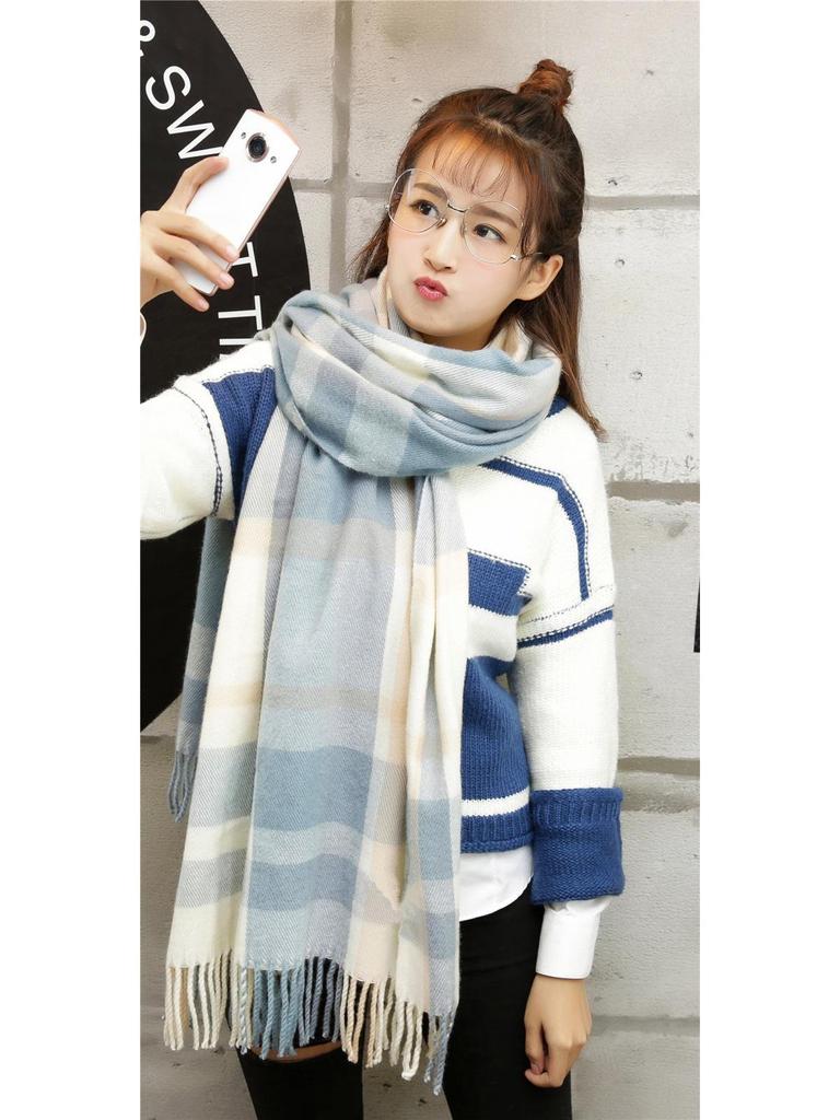 Клетчатый зимний шарф для женщин - шаль с кисточками в корейском стиле из искусственного кашемира