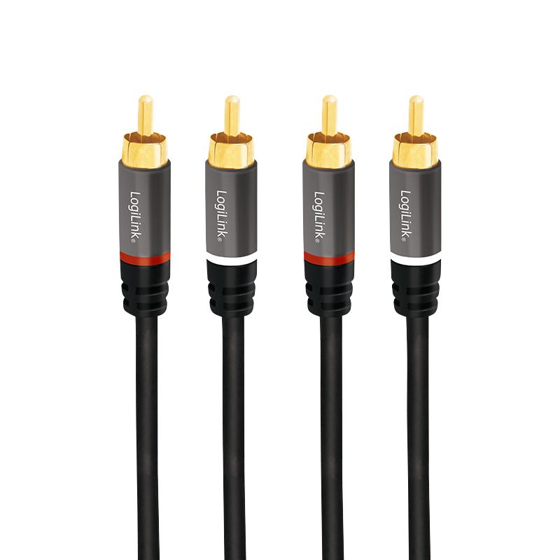 RCA audio cable 2xRCA M/M 0.5m LogiLink black metal shielded gold-plated stereo for home cinema