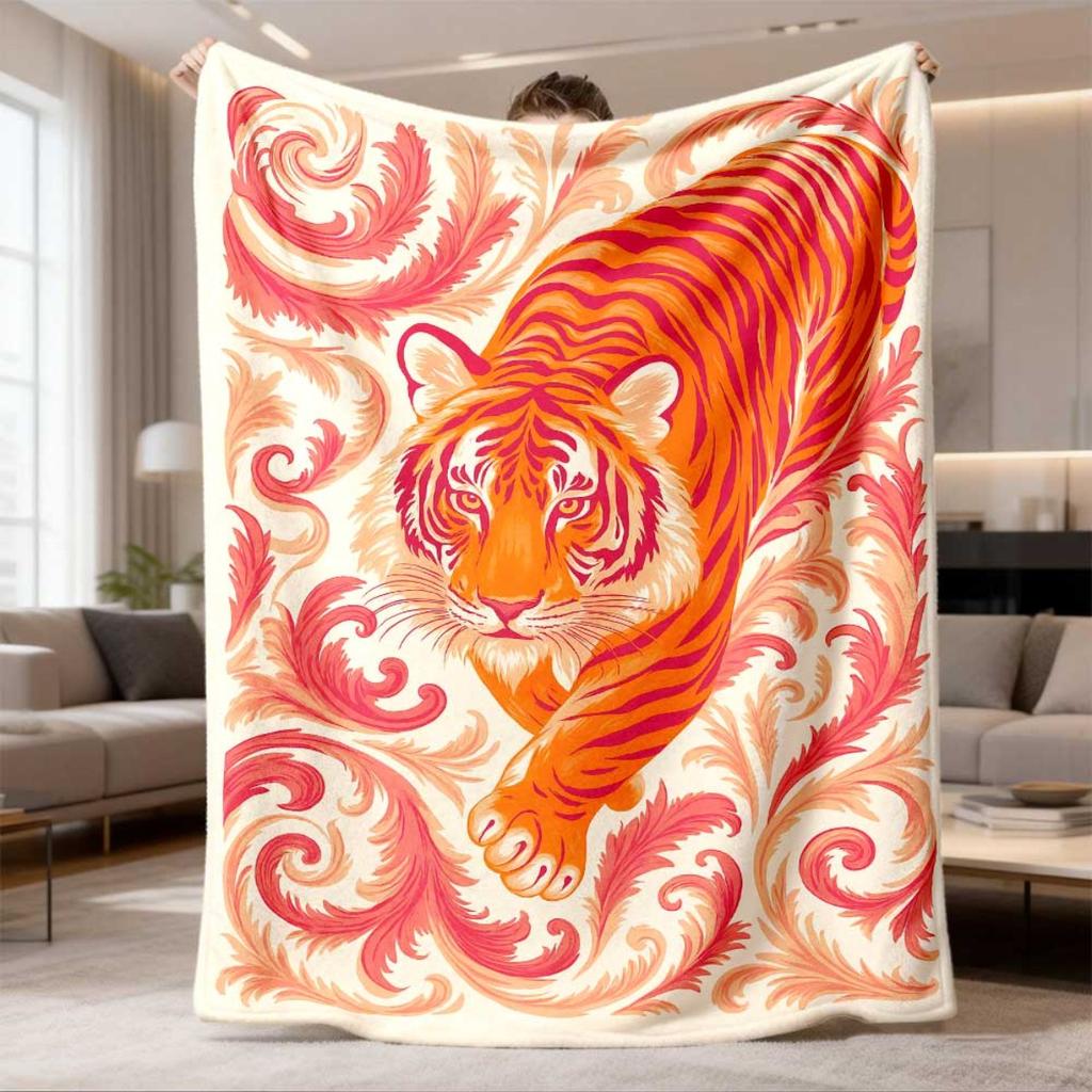 Retro Baroque Style Majestic Tiger Swirl Ornamental Floral Pattern Flannel Blanket Warm Cozy Printed Throw Blanket Living Room