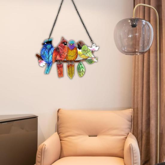 Birds On A Branch Suncatcher Stained Glass Acrylic Window Hanging Decoration with 4 Birds for Garden Home Decor Bird Lover Gift for Mom Grandma