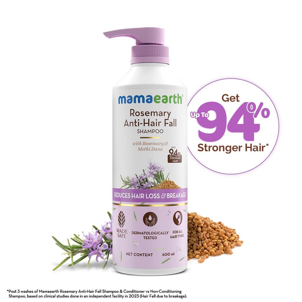 Mamaearth Rosemary Anti Hair Fall Shampoo 600ml – 94% Stronger Hair, 93% Less Breakage, Sulphate Free for Men & Women