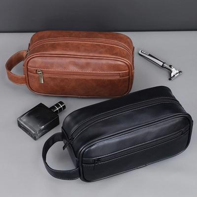 Handheld Men Leather Wash Bag Multi Pocket Makeup Pouch Vintage Cosmetic Storage Bag  Home