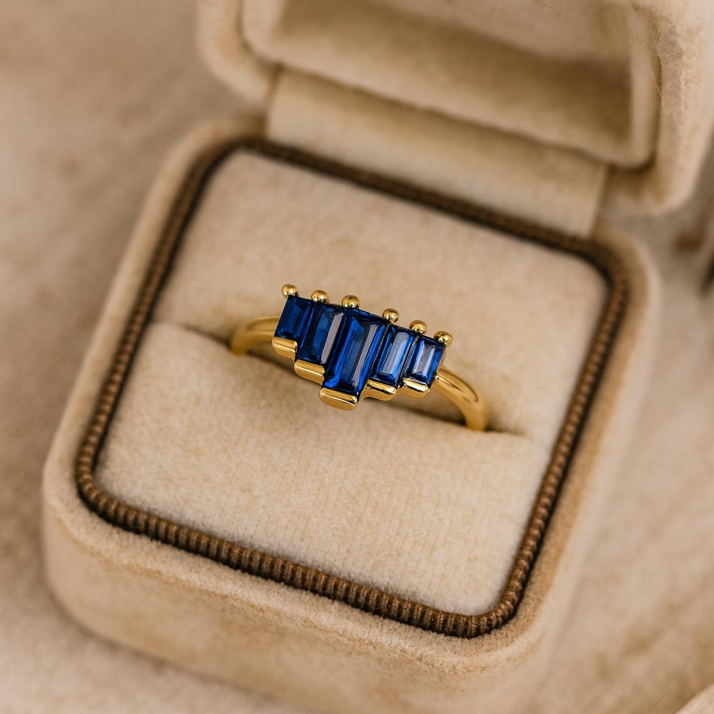Wedding Engagement Anniversary Promise Gift – Baguette Blue Sapphire Ring, Yellow Gold Plated Geometric Band, September Birthstone Jewellery