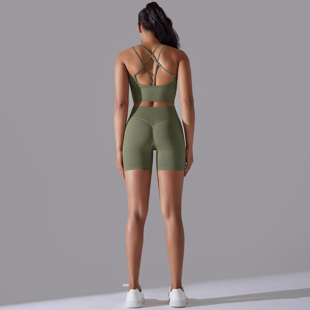 Бесшовный вязаный однотонный спортивный костюм с высокой эластичностью на спине для йоги и бега, комплект из двух предметов