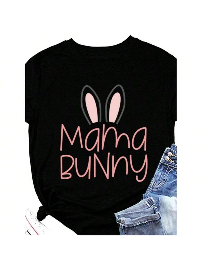 Mama Bunny Ears Print Wounisex T Shirt Short Sleeve O Neck Loose Wounisex Tshirt Ladies Tee Shirt Tops Clothes Camisetas Mujer