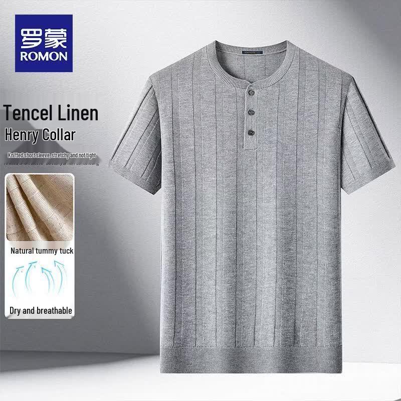 ROMON Men's Henley Knitted Short Sleeve T-Shirt