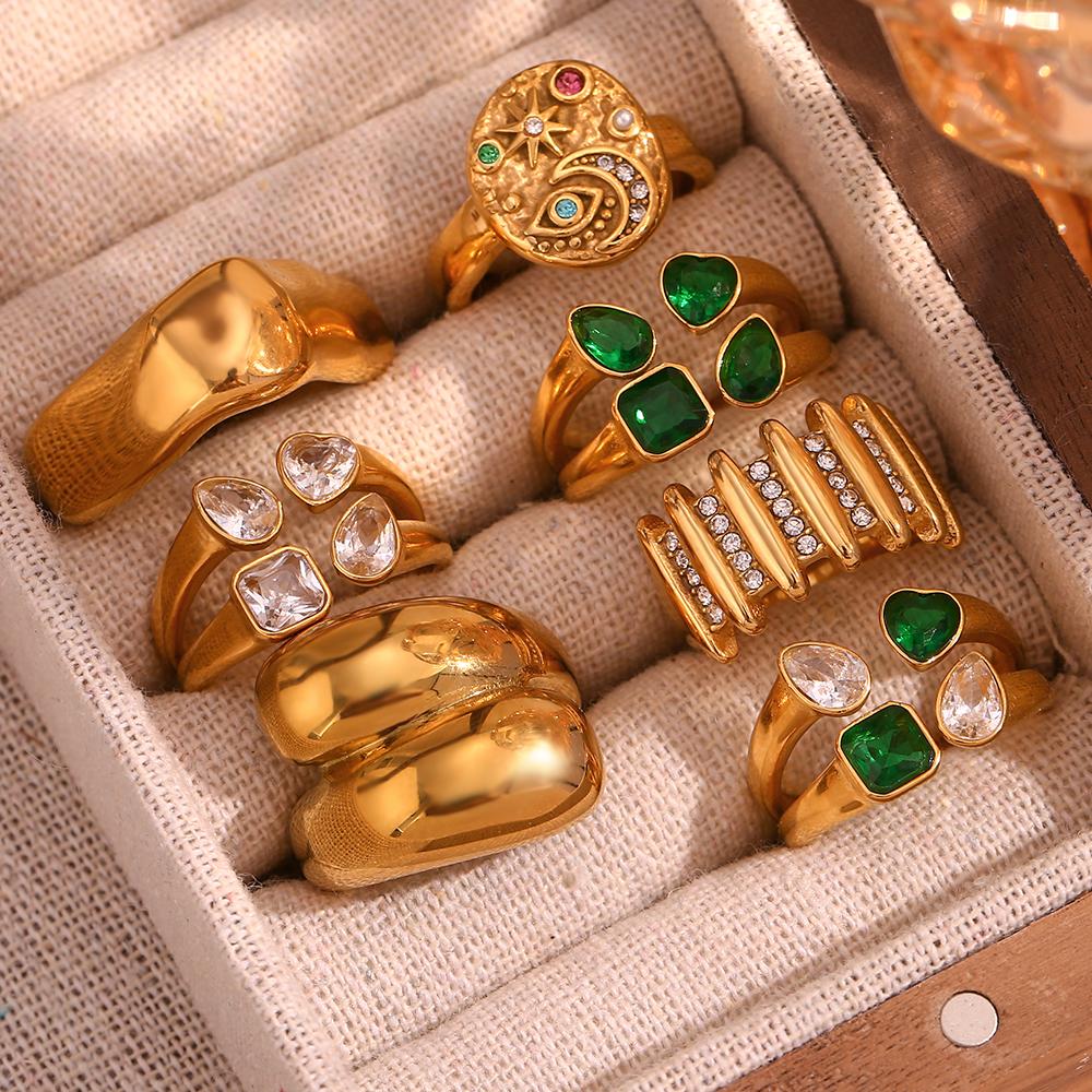 E.B.belle Devil's Eye Star Moon Simple Square Geometric Creative Water Zircon Stick Ring Waterproof 316L Stainless Steel