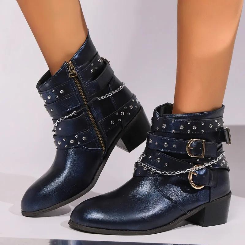 Модная женская обувь 2024 года, высококачественные женские ботинки с острым носком, осень-зима, сохраняющие тепло, короткие, на толстом каблуке, большие размеры, на молнии