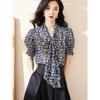 Women Short Sleeve Top New Summer French Style Floral Tie Bow Loose Bubble Sleeve Chiffon Blouse