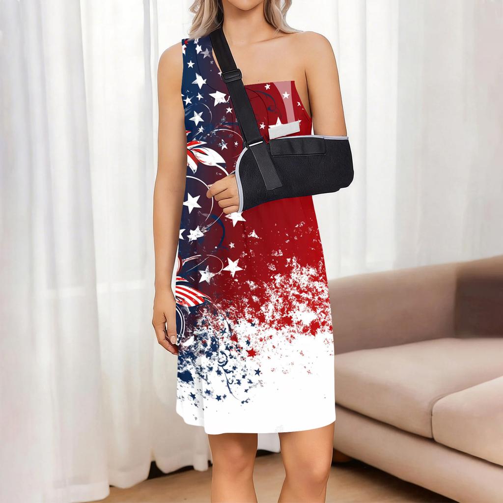 Sleeveless Tear Away Dress for Women Post Shoulder Surgery Independence Day Printed Knee Length Casual Dress with Side Slit