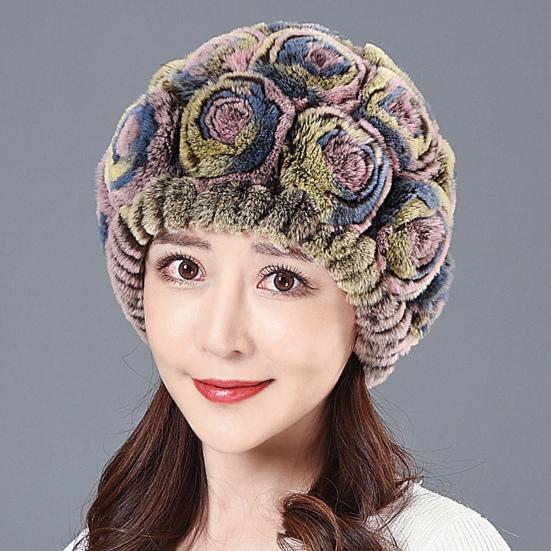 Women Winter Hat with Integrated Scarf Thick Warm Faux Rex Rabbit Fur Flower