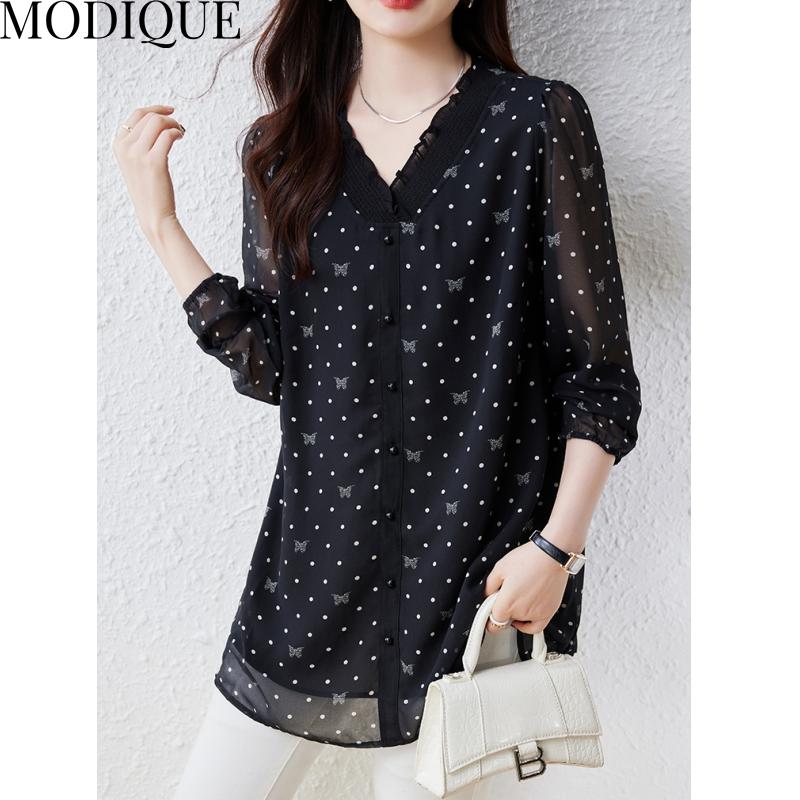 MODIQUE весна лето плюс размер новые женские свободные винтажные шифоновые блузки в горошек с принтом рубашки женские повседневные оверсайз топ с v-образным вырезом и длинными рукавами