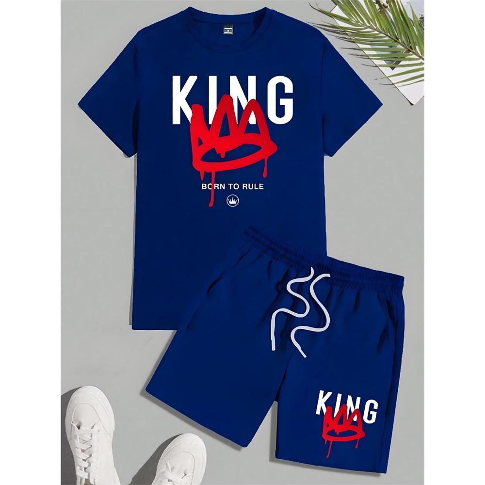 Summer Everyday Casual Men's Short Sleeve Shorts Set Colorful Bear Print Men's T-shirt And Colorful Graffiti Print Shorts Set