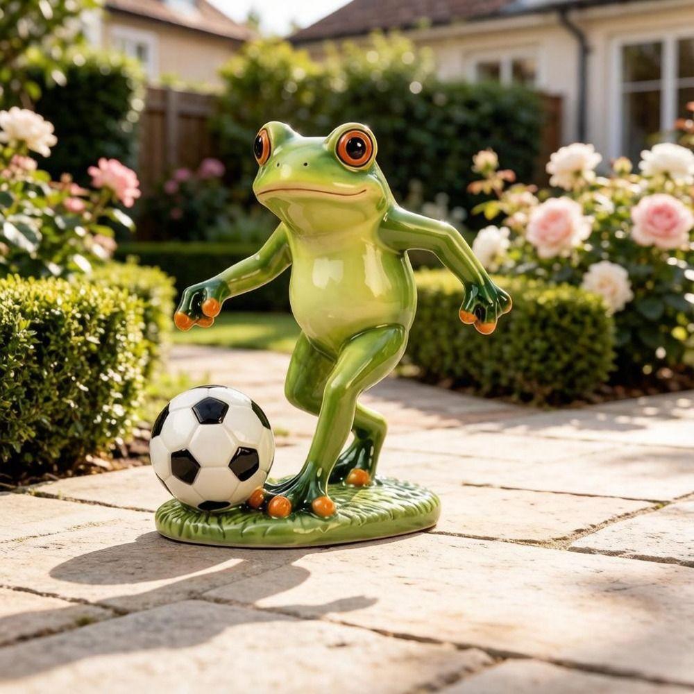 Weatherproof Frog Kicking Football Ornament Cute Frog Figurines Football Frog Sculpture  Desktop