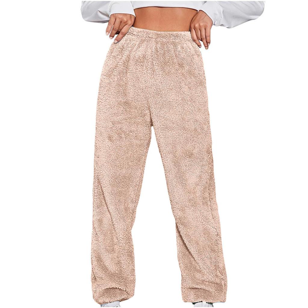Women's Fashionable Relaxed-Fit Trousers Sporty Fleece-Lined Solid-Colour Cuffed Trousers