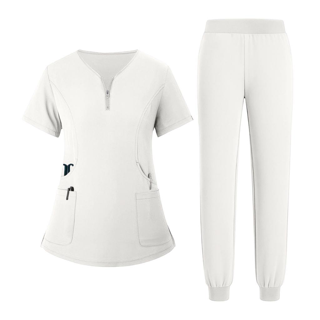 Women's Uniform Quick Drying Fabric Solid Color V-neck Zipper Pocket Short Sleeved Pants Set Caregiver Set