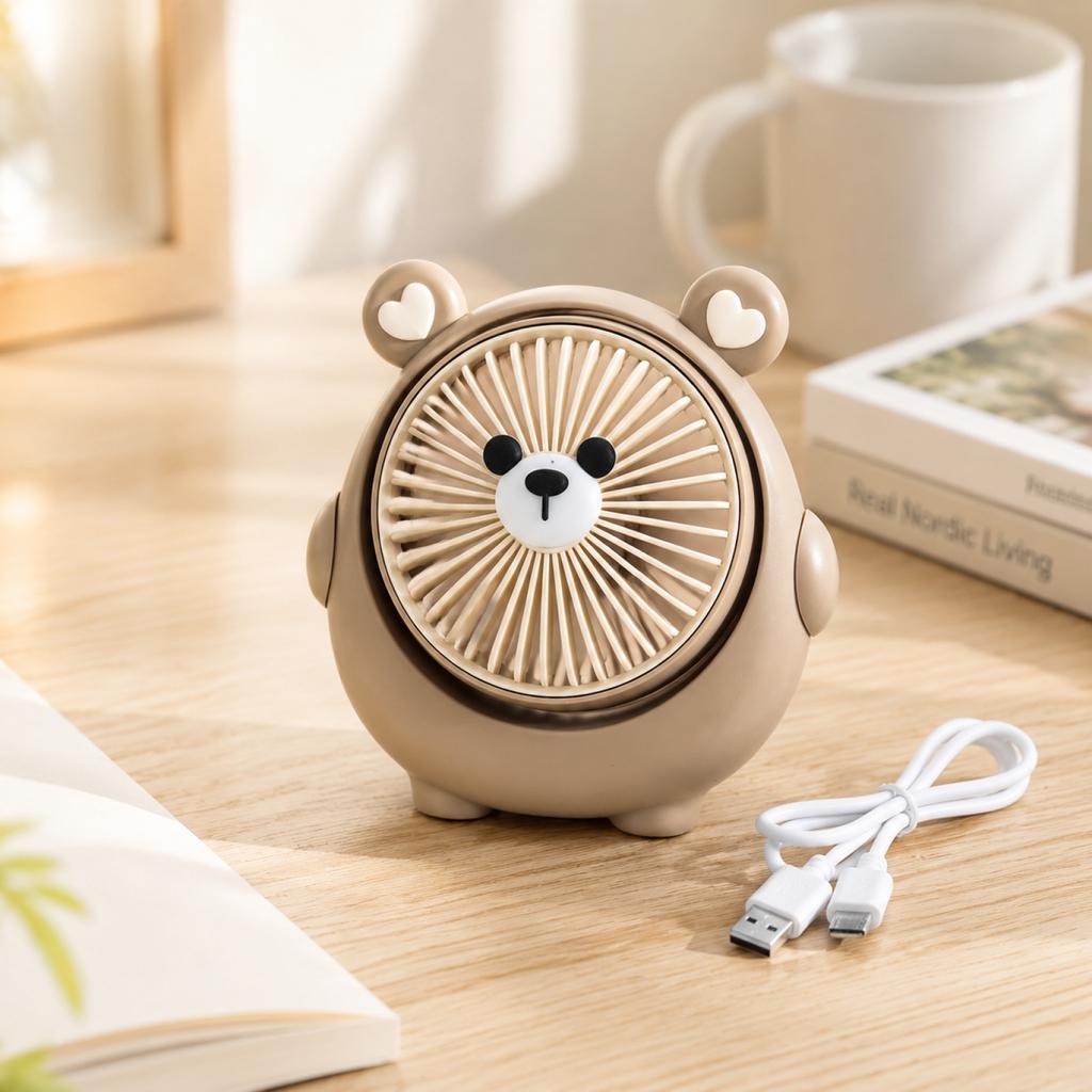 Cute Bear Shaped Desktop Fan USB Rechargeable Portable Small Fan for Office Home Travel Personal Cooling with Adjustable Angle and Quiet Operation