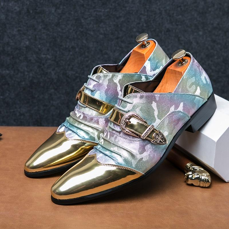Fashion New Men's Pointed Gold Fold Patchwork Loafter Patent Leather Casual Shoes Male Formal Wedding Dress Homecoming Zapatos Hombre