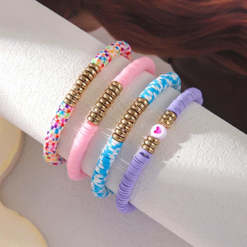 Ethnic style multi-layer acrylic love beaded bracelet 1-piece set Bohemian color soft pottery elastic bracelet