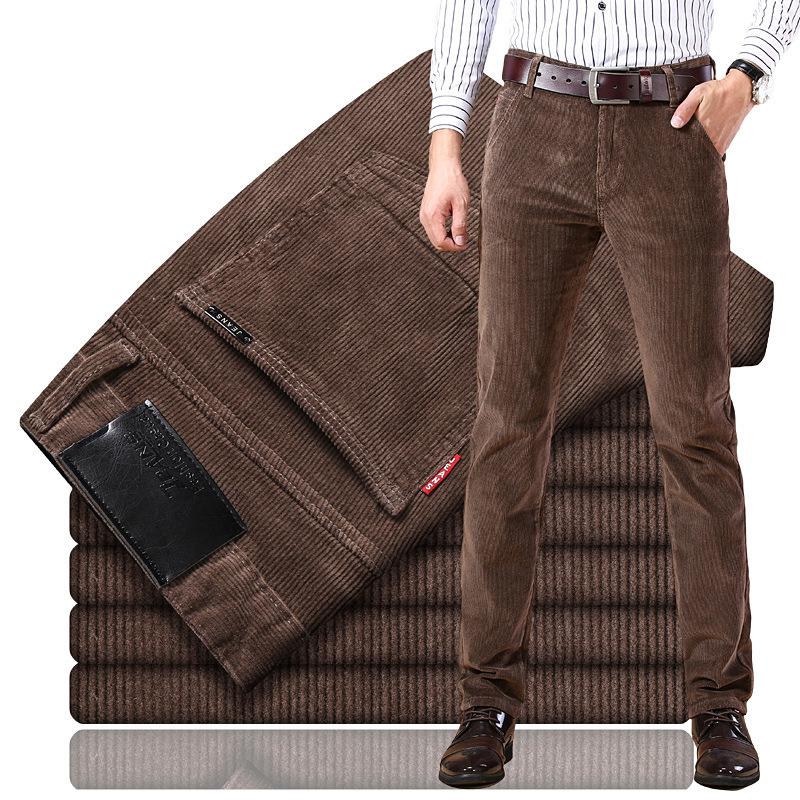Men's Fall and Winter Mid-waist Stretch Commuter Pants Corduroy Straight Casual Pants