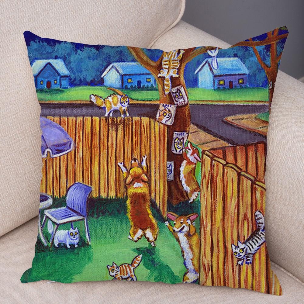 Welsh Corgi Pembroke Soft Plush Cushion Cover for Sofa Children Room Decor Cartoon Animal Pillowcase Oil Painting Pillow Case