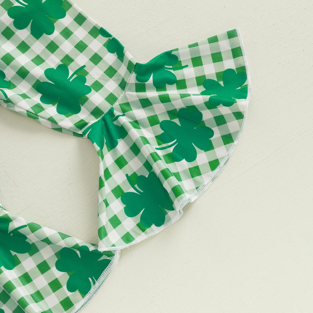 Toddler Girls Irish Day Outfits Clover Embroidery Long Sleeve Sweatshirt and Clover Plaid Elastic Flare Pants Set