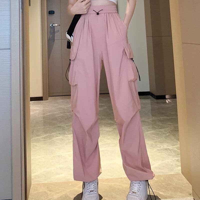 GMXIA Летние розовые шелковые быстросохнущие рабочие брюки женские Tide Cool Street Slim Wide Leg Design Feeling Drawstring Two Wear Dance Брюки