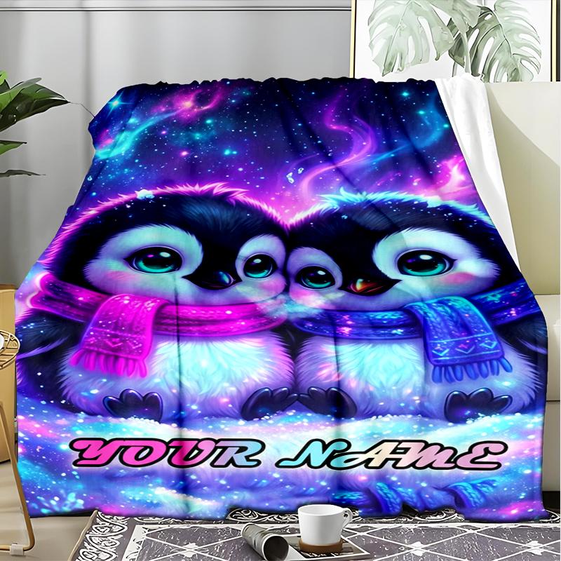 1PC Custom Name Penguin Love Space outdooor Flannel blankets Throw Blanket All-Season Throw Gift Bedspread for Couch, Bed, Camping Holiday Birthda