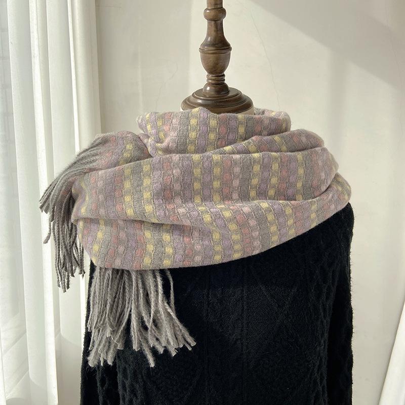 Шарф женский осенне-зимний новый цвет клетчатый теплый утолщенный шарф имитация кашемира с бахромой шаль