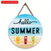 2D Flat 20*20cm 1pc Cool Hello Summer Wall Hanging Decor, Ocean Beach scenery&Cool Fruit Tea Pattern Round Wood Art Plaques, Terrific Door Sign for