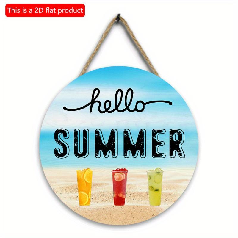 2D Flat 20*20cm 1pc Cool Hello Summer Wall Hanging Decor, Ocean Beach scenery&Cool Fruit Tea Pattern Round Wood Art Plaques, Terrific Door Sign for